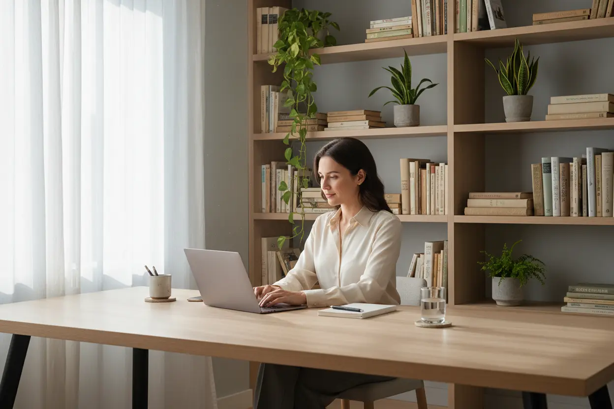 Focused employee working in a clean and organized office in Garland TX, representing mental clarity and reduced stress.