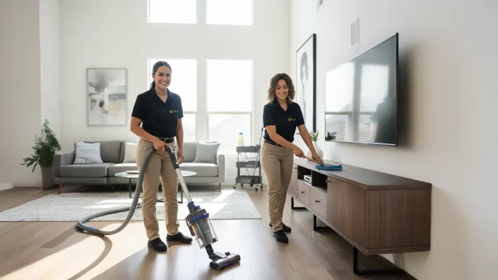 Ali Maid LLC cleaners in Garland TX wearing beige pants and black polos during professional home cleaning.