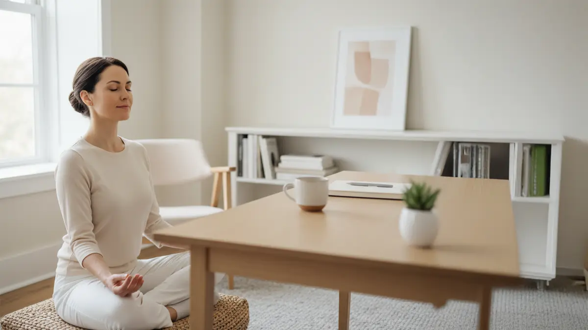 Calm woman focusing in a clean and organized home office in Garland TX, showing mental clarity benefits.