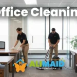 Professional office cleaning in Garland, Texas by Ali Maid LLC team wearing beige pants and black polos