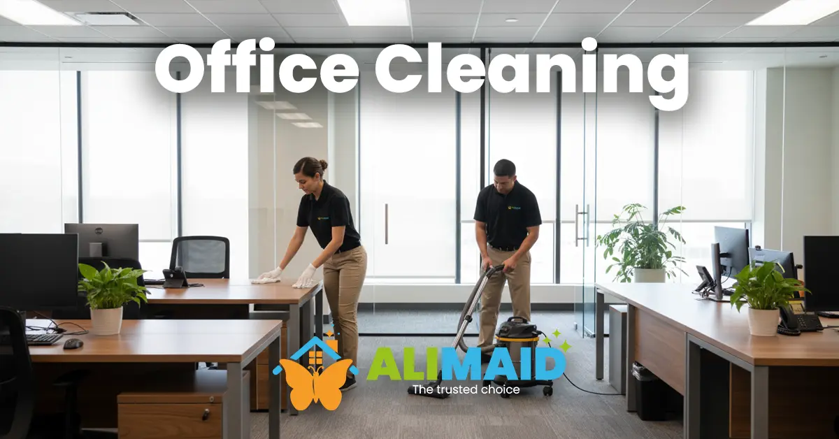 Professional office cleaning in Garland, Texas by Ali Maid LLC team wearing beige pants and black polos