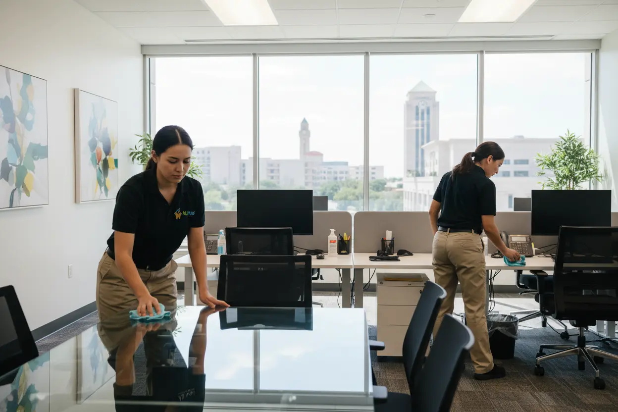 4-Ali-Maid-LLC-cleaners-in-Garland-TX-wearing-beige-pants-and-black-polos-performing-office-cleaning-services.webp
