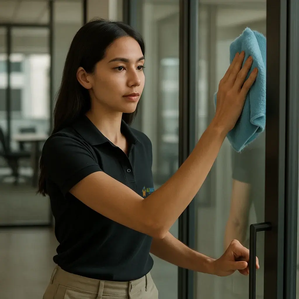 Office cleaner wiping glass doors during commercial cleaning service in Plano TX