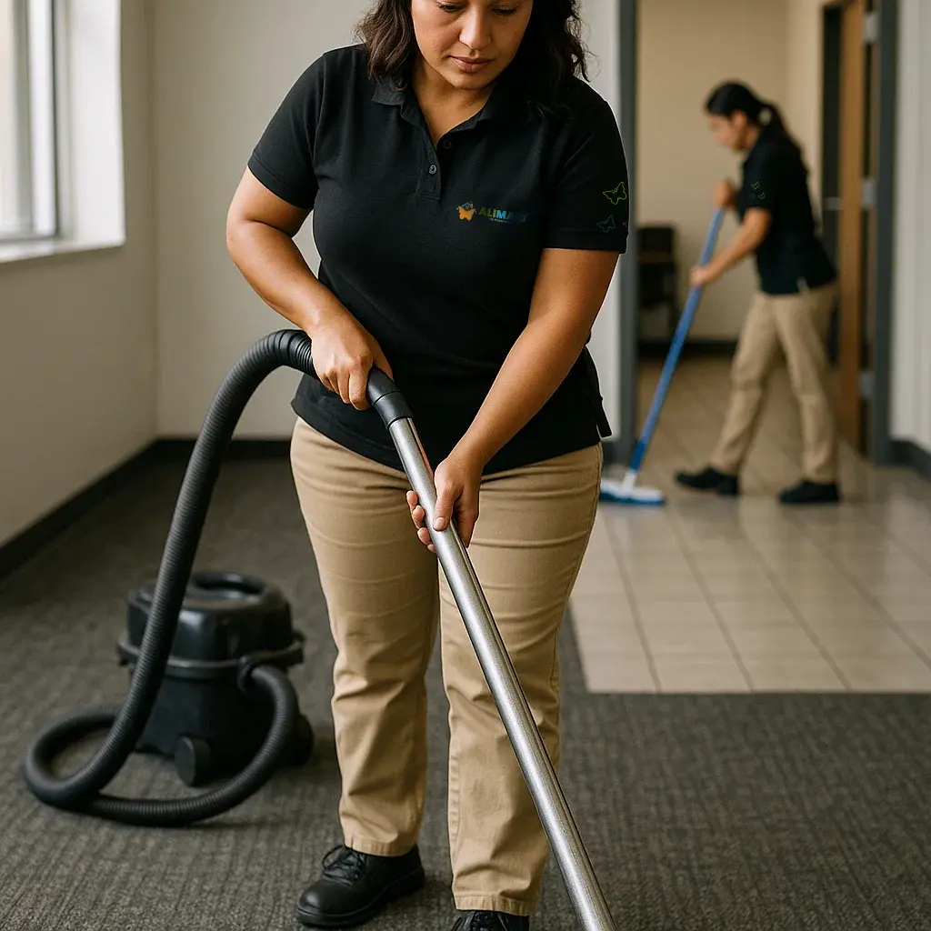 Professional office cleaning in Plano TX including vacuuming carpets and mopping hard floors