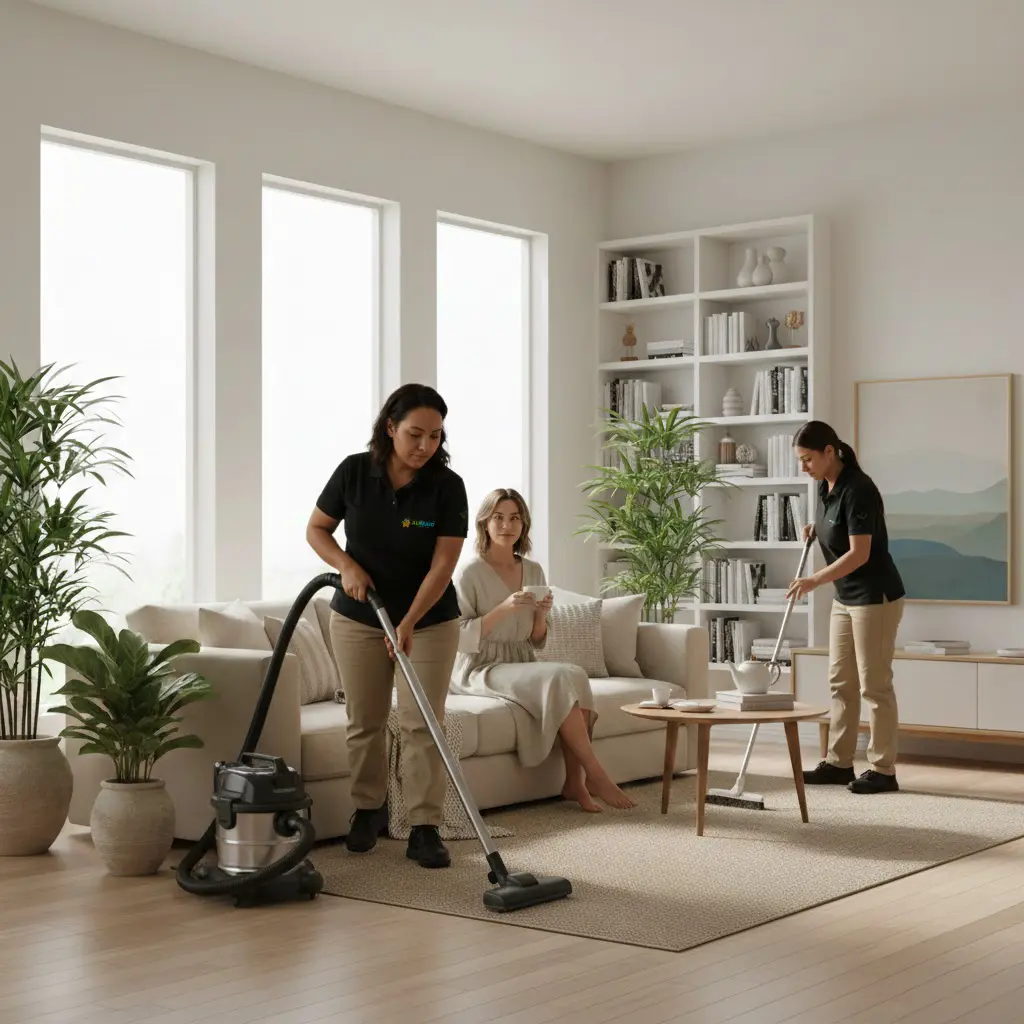 Ali Maid LLC cleaners in Garland TX wearing beige pants and black polos providing home cleaning services for mental clarity and balance.