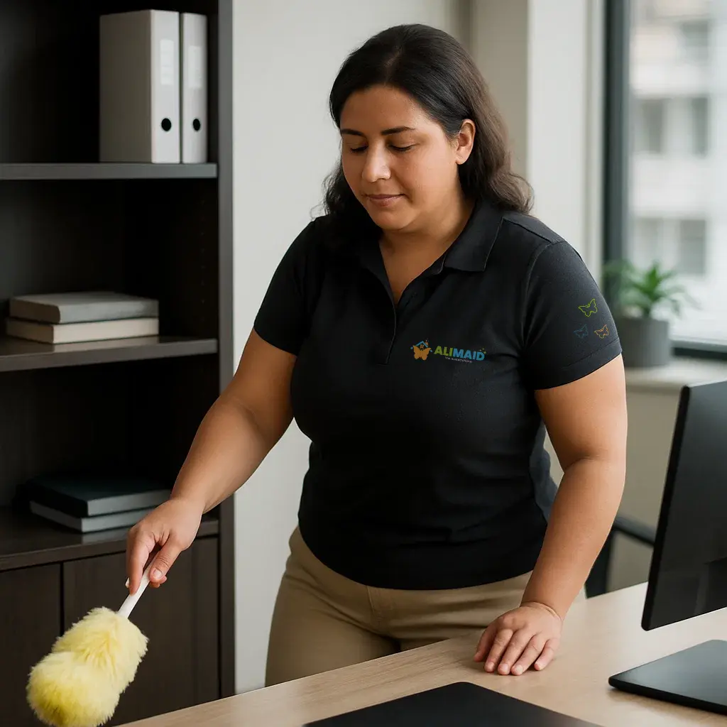 Office cleaning service in Dallas TX dusting office desks and shelves for a spotless workspace