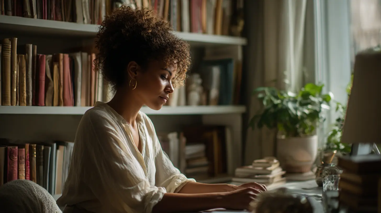 Woman focusing at her clean and organized home office in Garland TX, showing how clean spaces improve mental clarity.