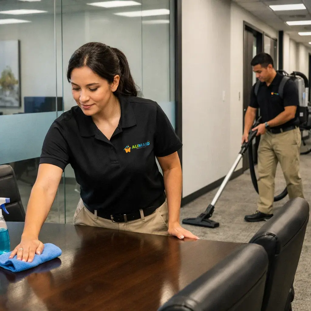 Ali Maid LLC cleaners in Dallas TX providing office cleaning services, wearing beige pants and black polos.