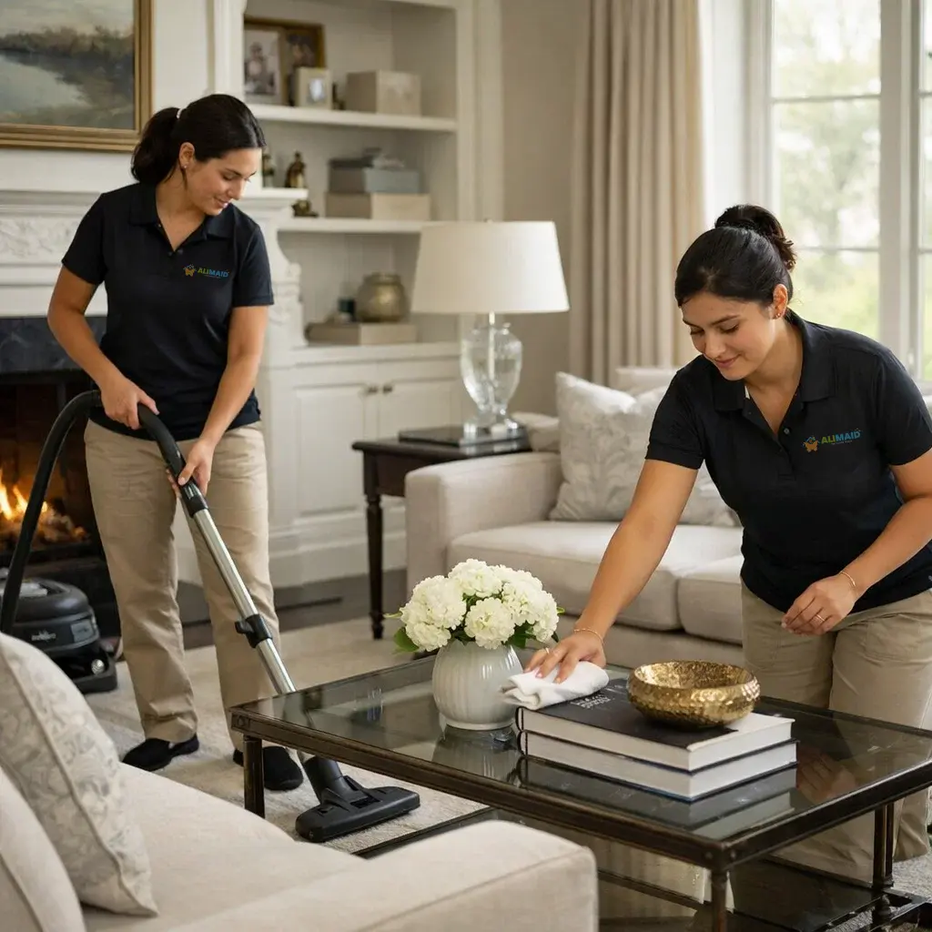 Ali Maid cleaners in Highland Park TX providing consistent cleaning services in an elegant living room, symbolizing reliability and quality