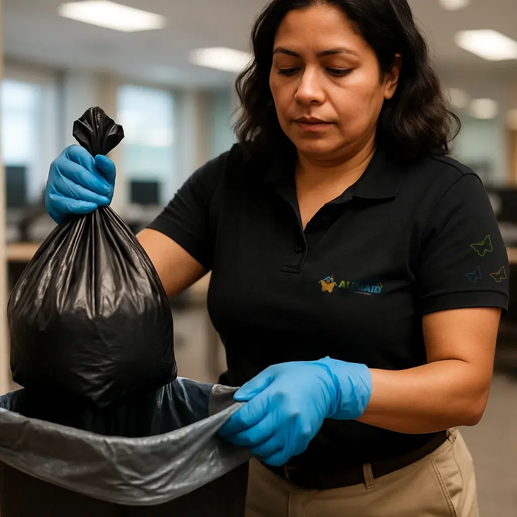 Commercial cleaning technician emptying trash bins and replacing liners in Highland-Park-tx offices.