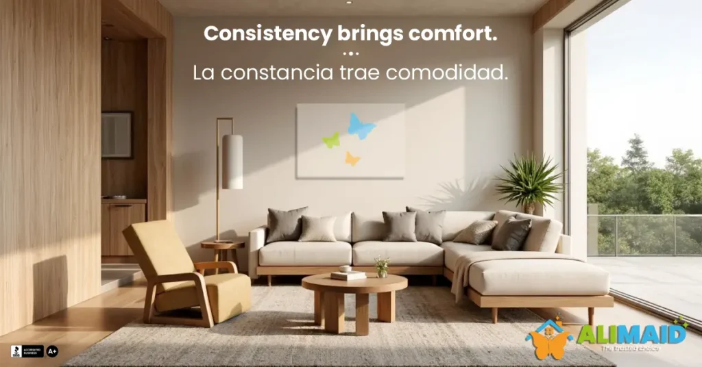 Elegant clean living room in Highland Park TX symbolizing comfort and consistency, cleaned by Ali Maid LLC