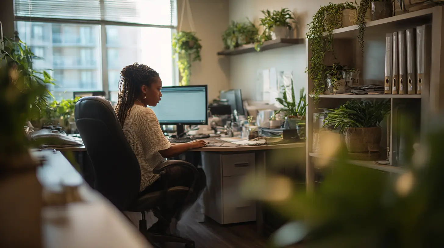 Employee focusing in a clean, organized Dallas office that promotes mental clarity and well-being.