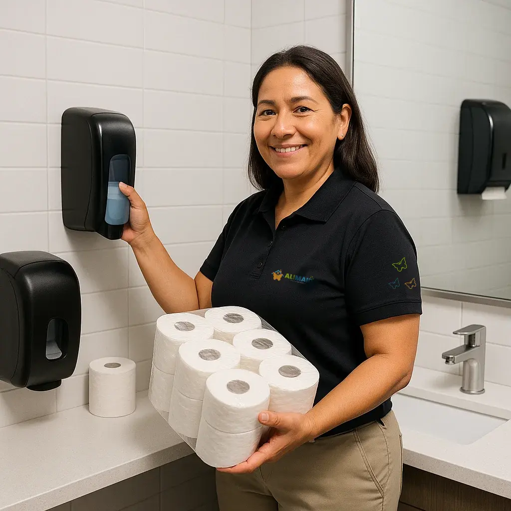 Office restroom restocking service in Highland-Park-tx replenishing paper products and soap dispensers