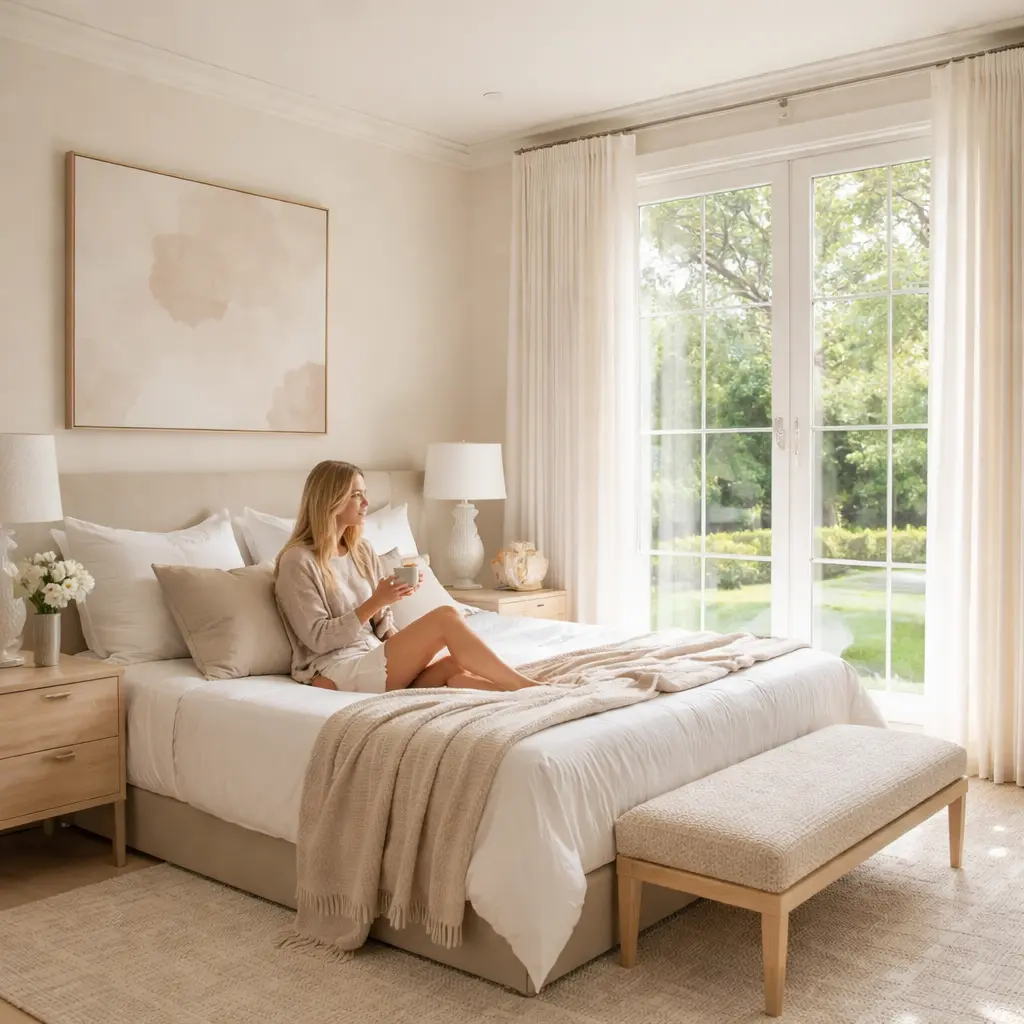 Peaceful bedroom in Highland Park TX representing relaxation and mental clarity after consistent professional cleaning