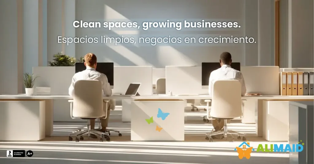 Professional office in Dallas TX cleaned by Ali Maid LLC team wearing beige pants and black polos, representing focus and professionalism.